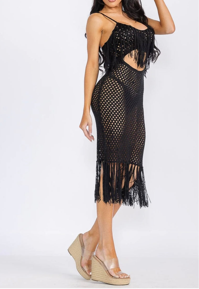 FRINGE BODYCON KNIT MIDI DRESS