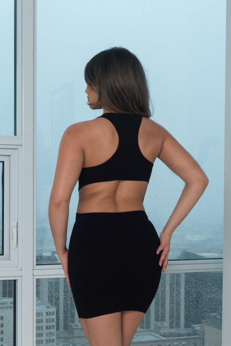 Solid Rib Knit Open Back Mini Dress