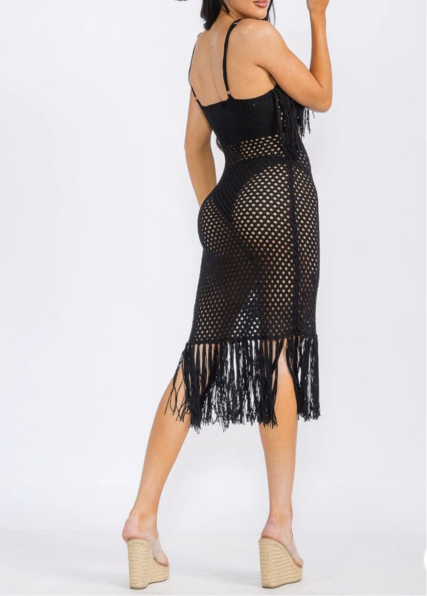 FRINGE BODYCON KNIT MIDI DRESS