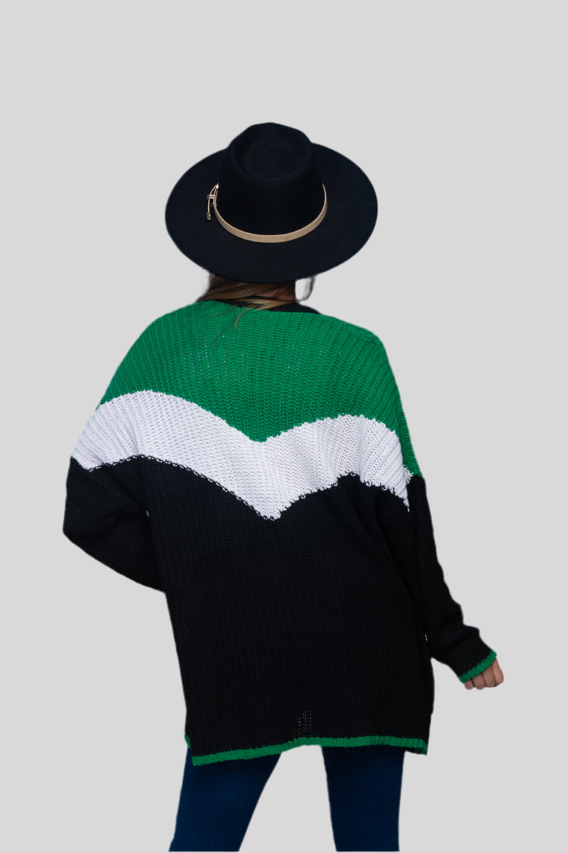 Oversized Rib Knit Tri-Color Open Cardigan