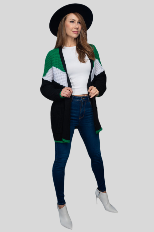 Oversized Rib Knit Tri-Color Open Cardigan