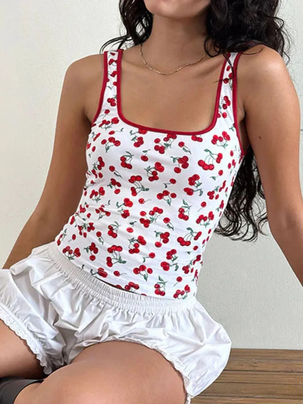 Cherry Print Square Neck Tank