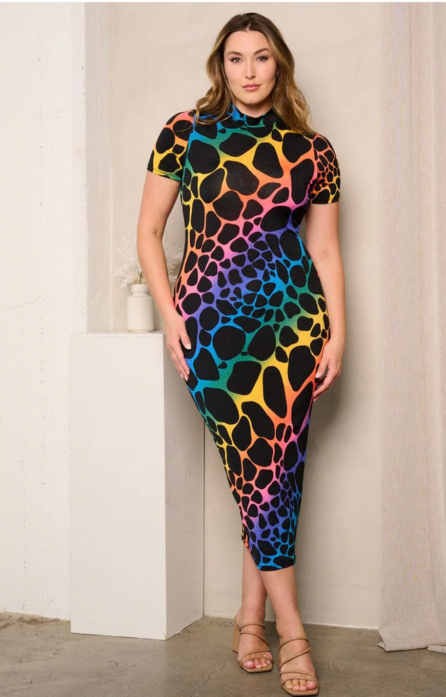 PLUS SIZE SHORT SLEEVE ANIMAL PRINT MIDI DRESS