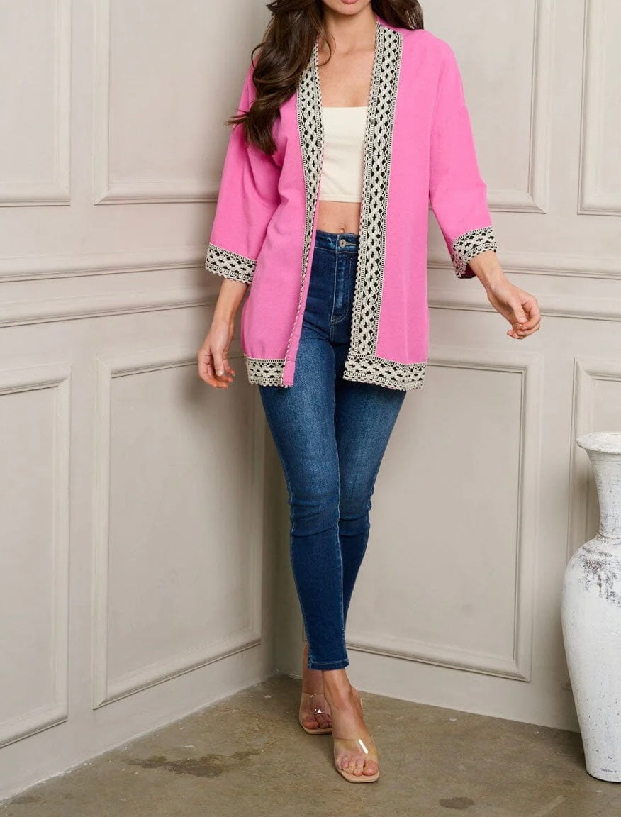 WOMEN'S SHORT SLEEVE OPEN FRONT DETAILED CARDIGAN