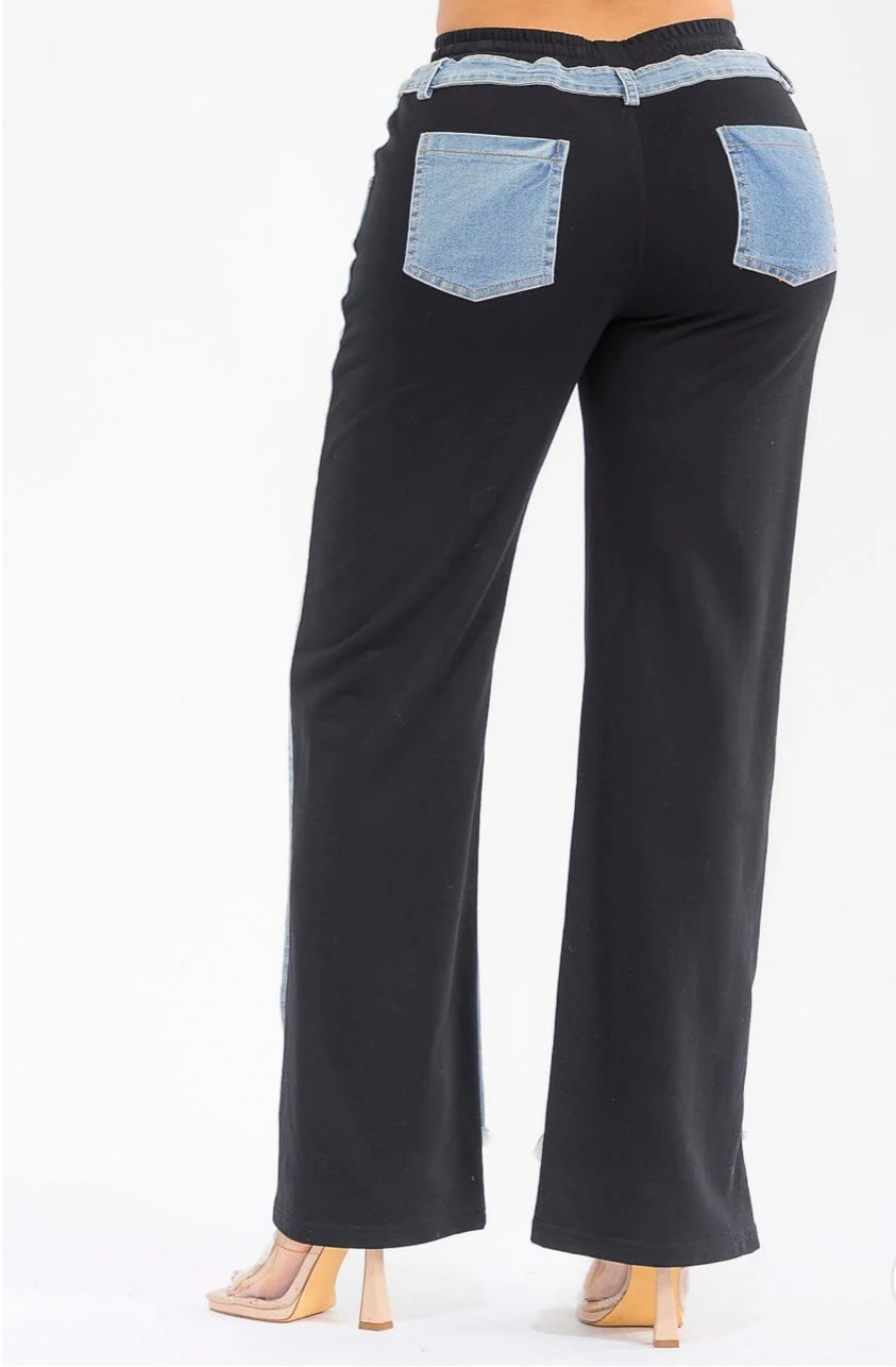 Ella Ripped ELASTIC WAIST DENIM WIDE LEG PANTS