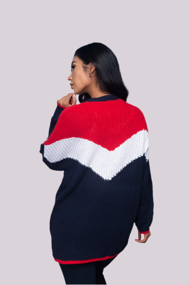 Oversized Rib Knit Tri-Color Open Cardigan