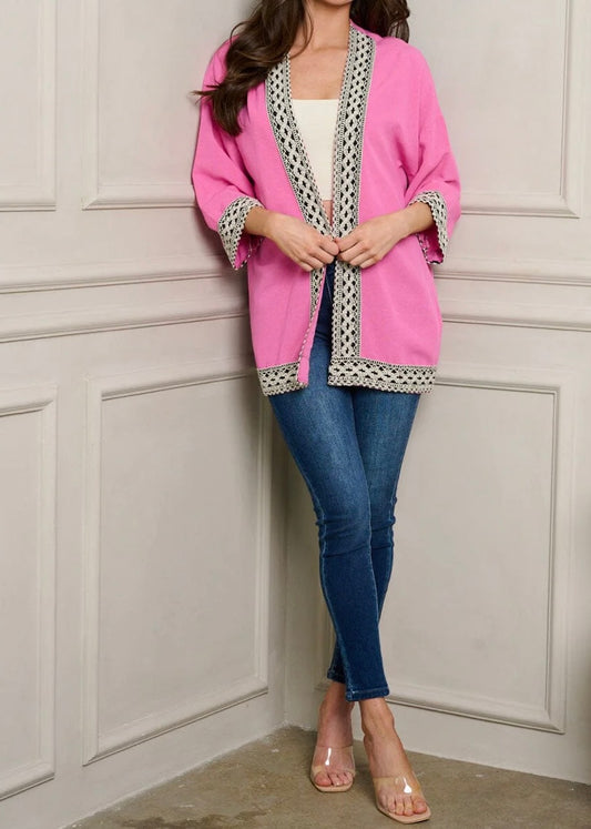 WOMEN'S SHORT SLEEVE OPEN FRONT DETAILED CARDIGAN