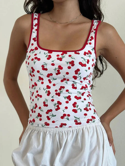 Cherry Print Square Neck Tank