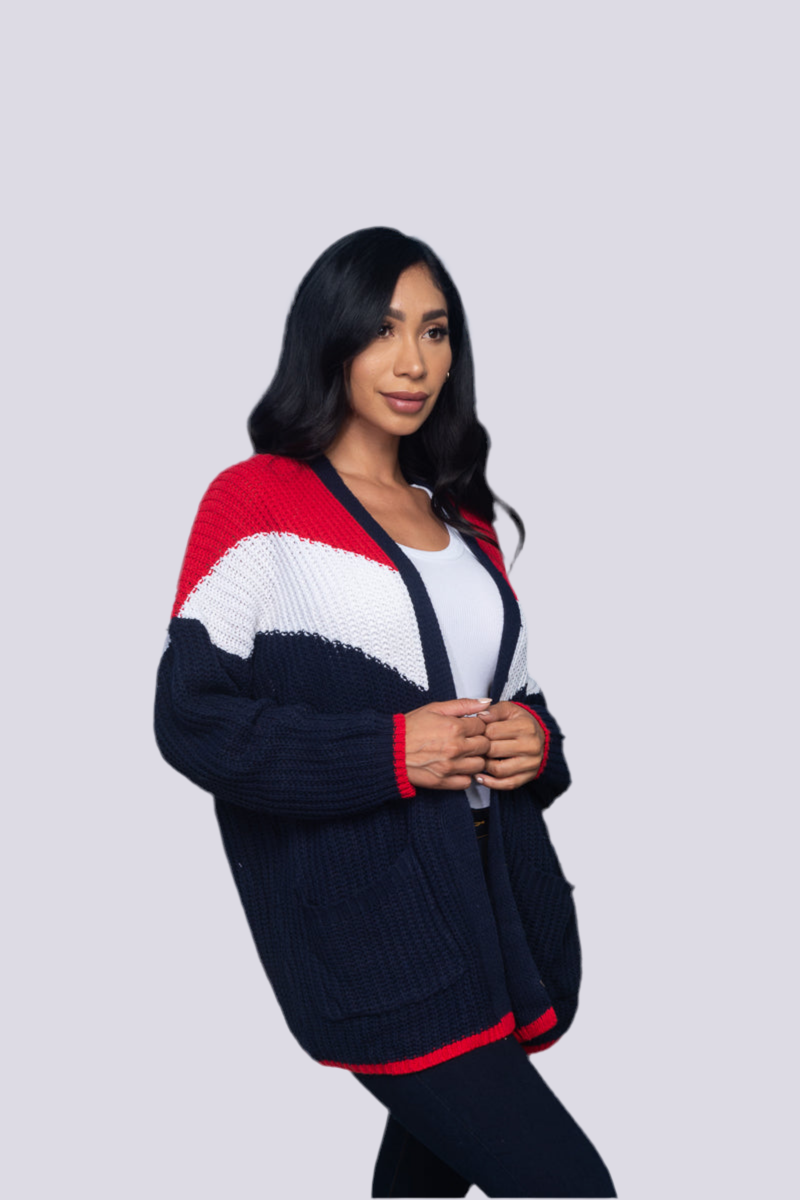 Oversized Rib Knit Tri-Color Open Cardigan