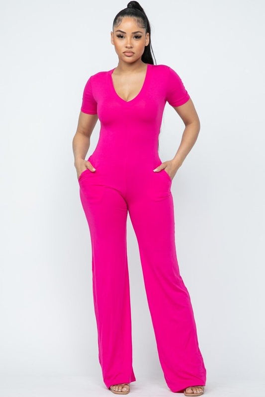 SOLID SHORT SLEEVE OVERSIZED LEG JUMPSUIT