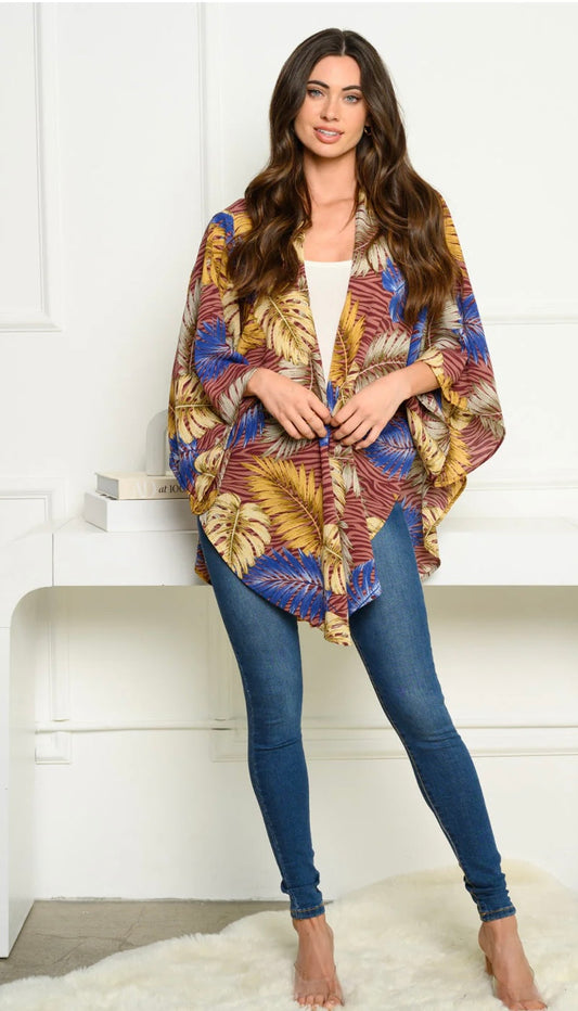 3/4 SLEEVE OPEN FRONT LEAF PRINT CARDIGAN