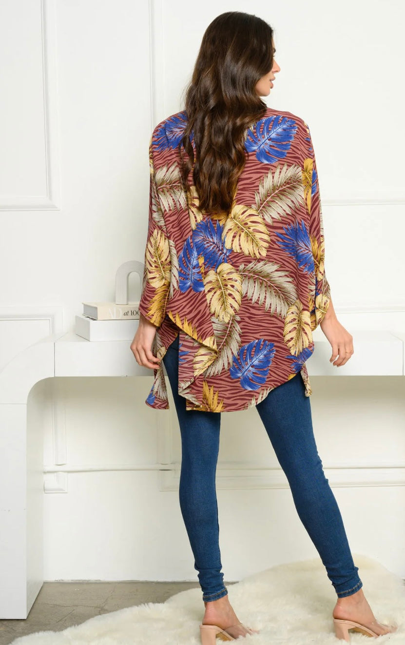 3/4 SLEEVE OPEN FRONT LEAF PRINT CARDIGAN