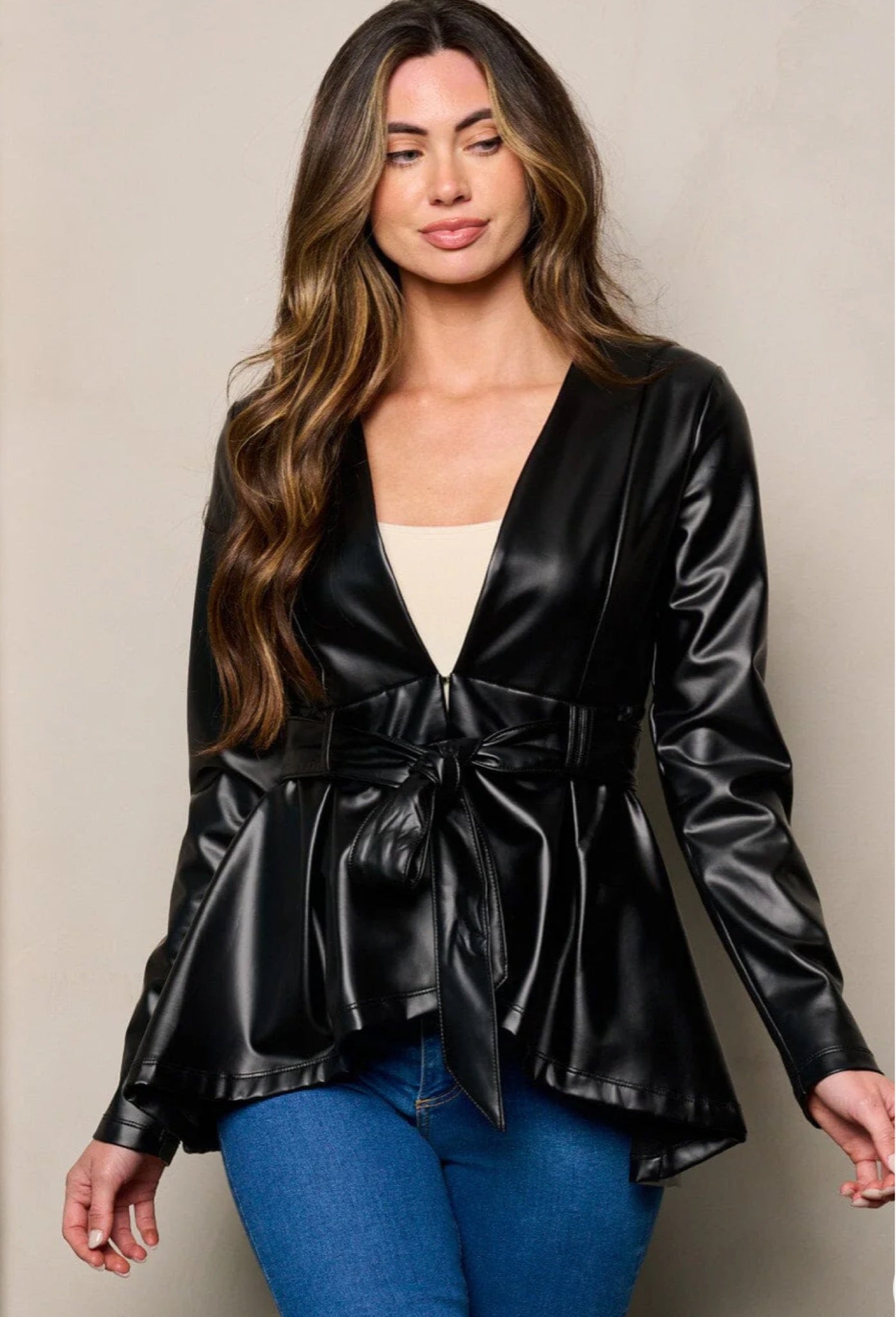 SELF TIE PEPLUM LEATHER JACKET