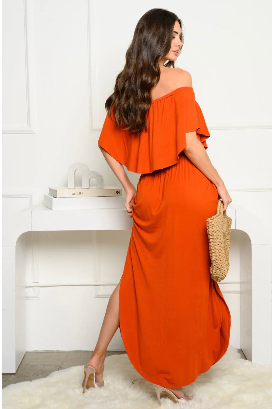 OFF SHOULDER RUFFLE FRONT MAXI DRESS
