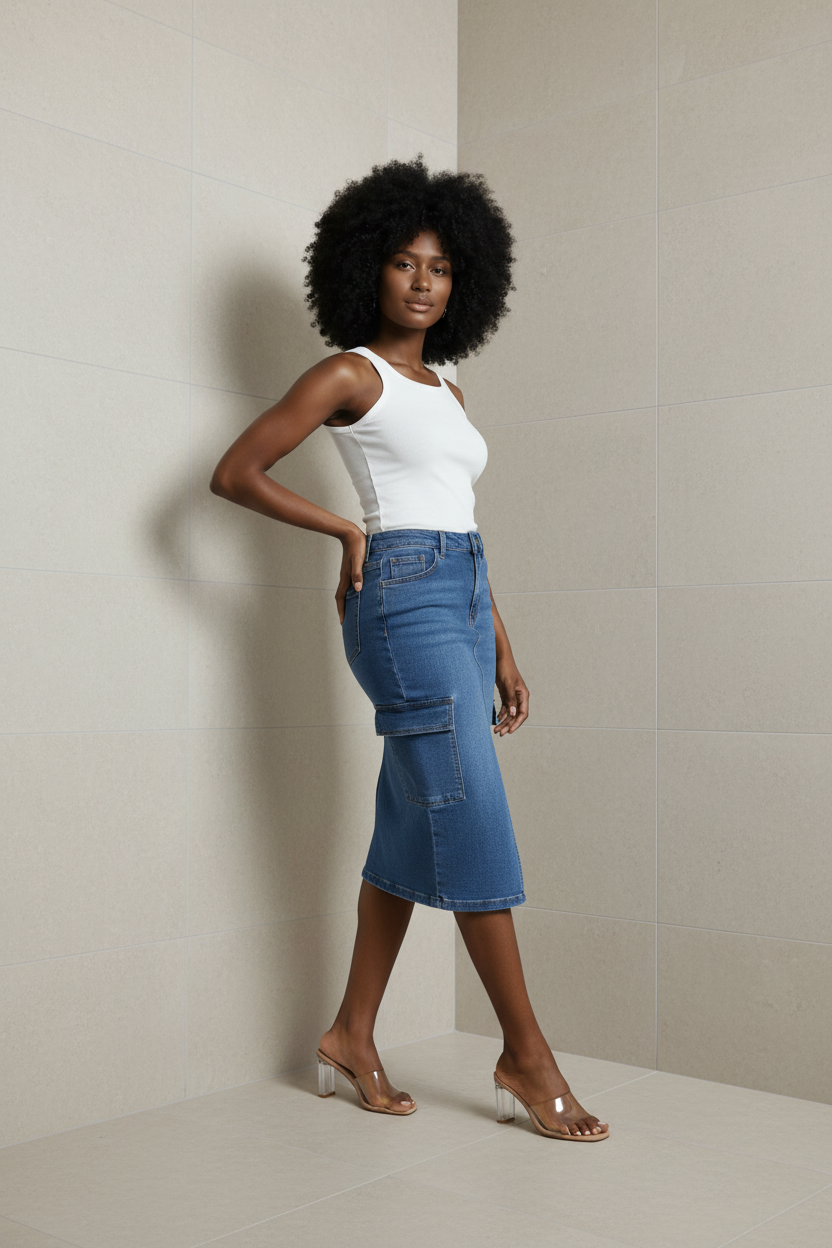 CARGO POCKETS WASHED DENIM MINI SKIRT