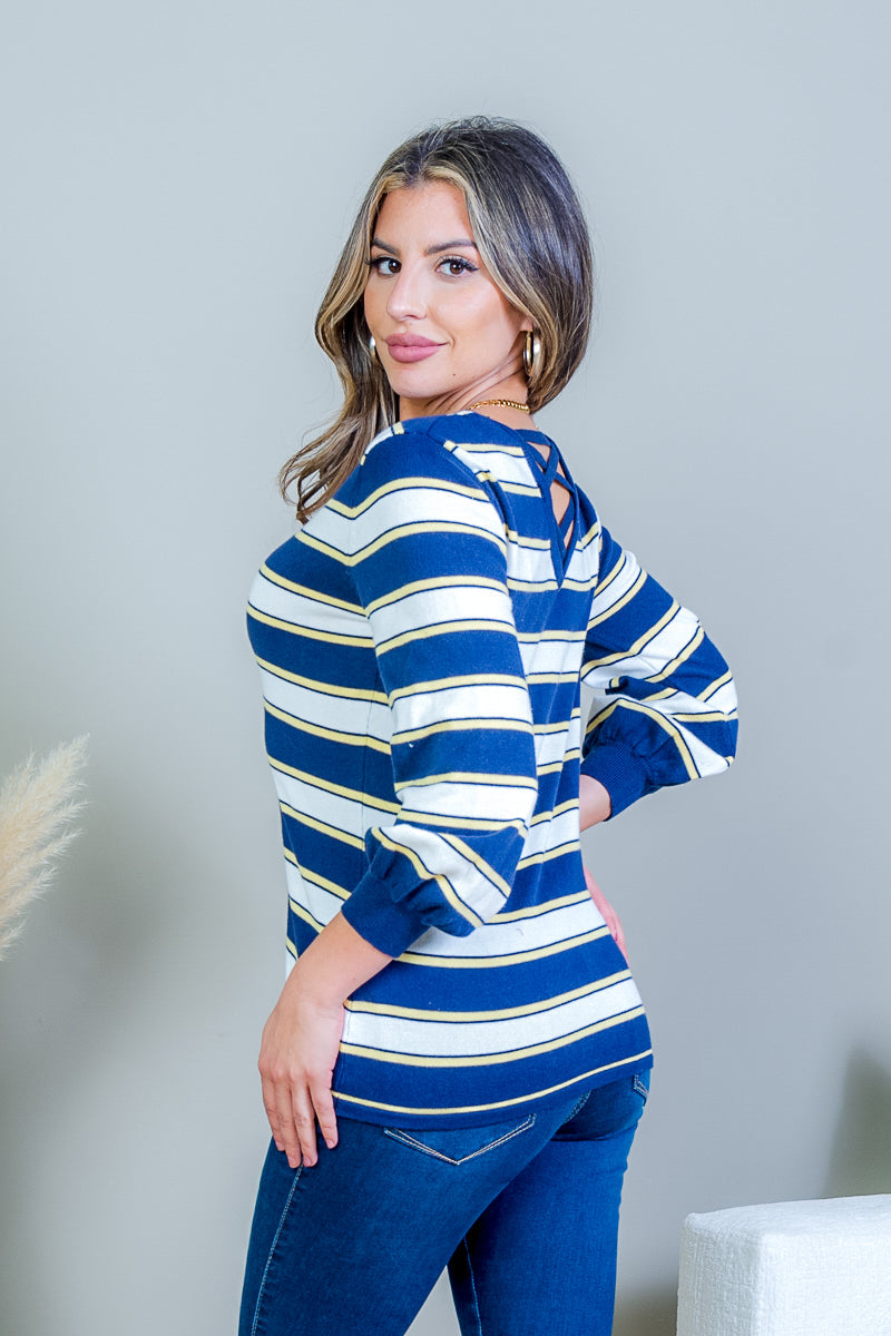 Multi Color Striped V Neck 3/4 Puff Sleeve Top