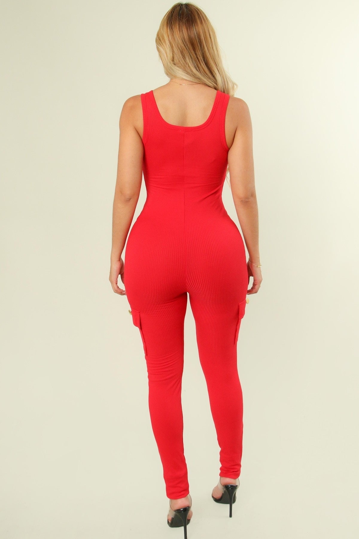 SOLID COLOR PATTERN SLEEVELESS BODYCON JUMPSUIT.  POCKETS