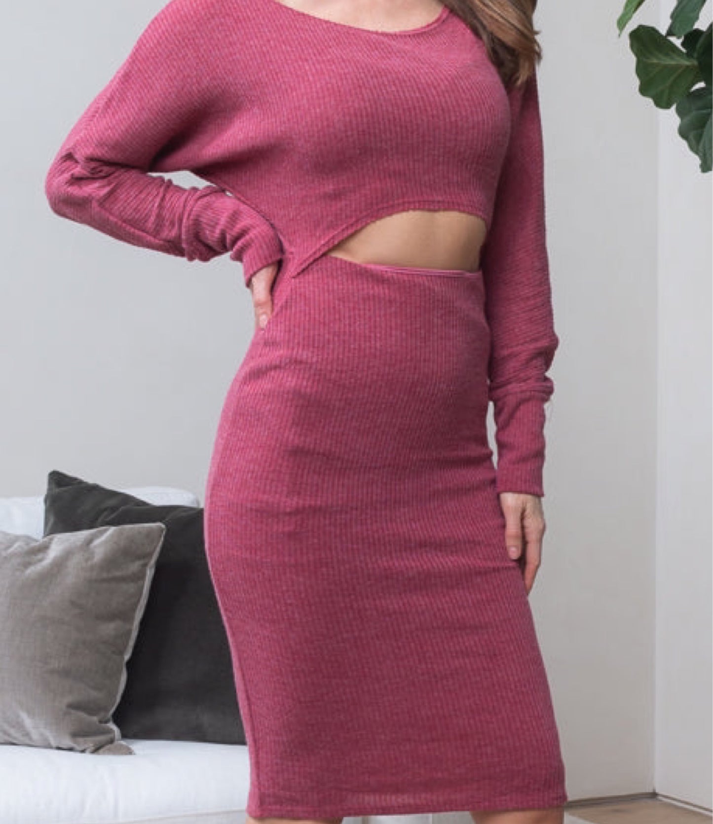 Long Sleeve Rib Knit Mini Dress With Midriff Cutout