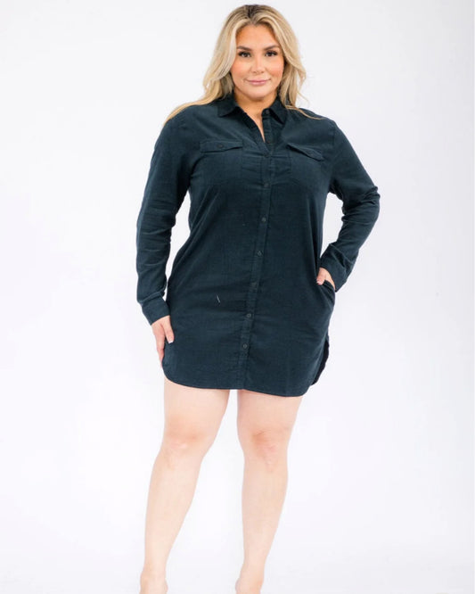 PLUS SIZE LONG SLEEVE BUTTON UP FRONT POCKETS MINI DRESS