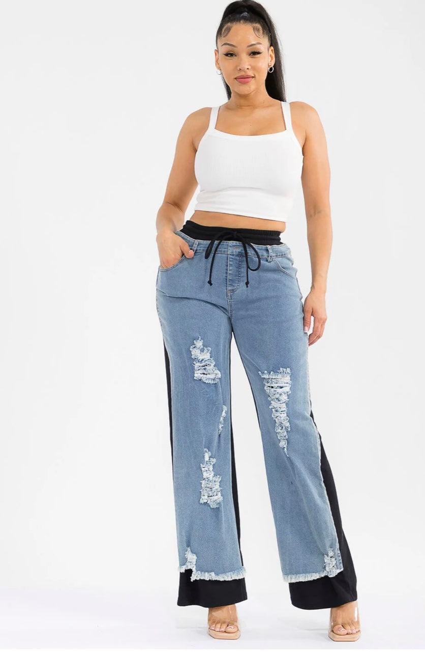 Ella Ripped ELASTIC WAIST DENIM  WIDE LEG PANTS