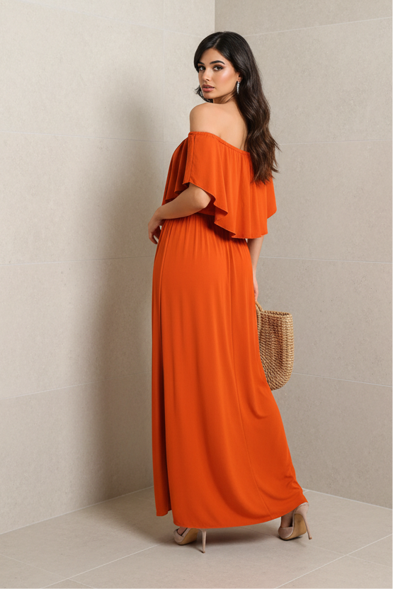 OFF SHOULDER RUFFLE FRONT MAXI DRESS