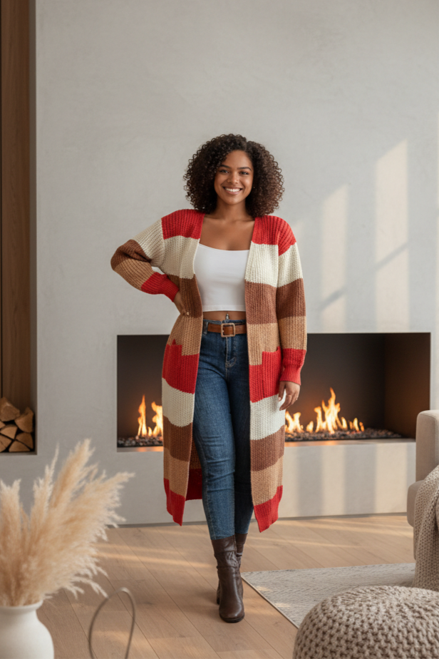 Color Block Open Front Longline Cardigan