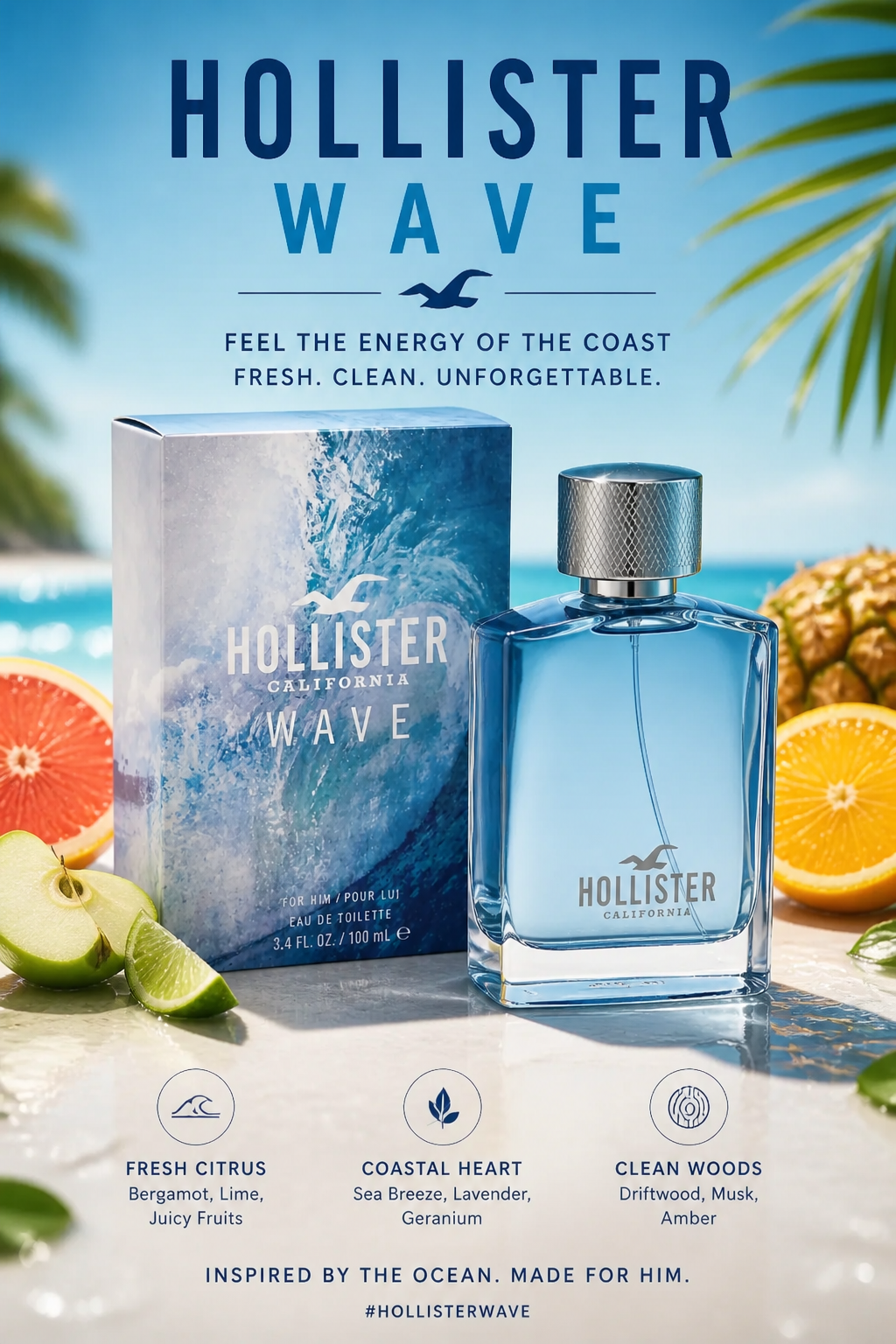 Hollister Wave Men Eau De Toilette, 3.4 Ounce, Multi, 100 m