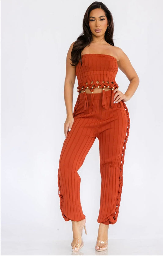 CROP TOP & PANTS RIBBED FRINGE DETAILED KNIT 2PC. SET