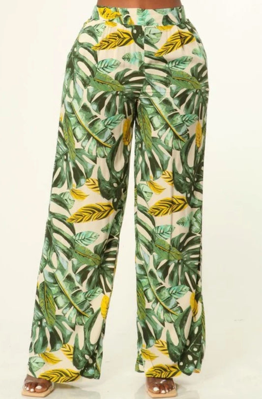 TROPICAL PATTERN HIGH WAIST WIDE LEG PANT