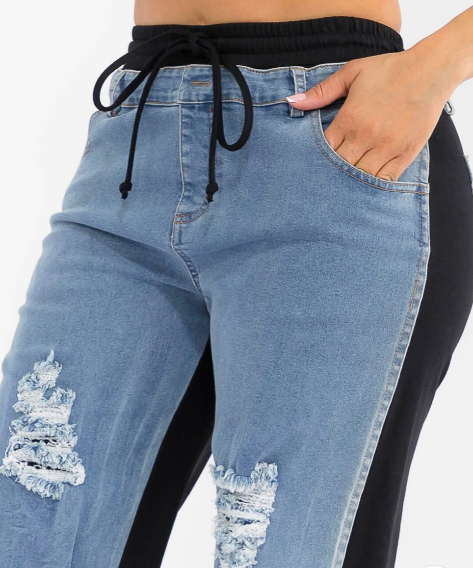 Ella Ripped ELASTIC WAIST DENIM  WIDE LEG PANTS