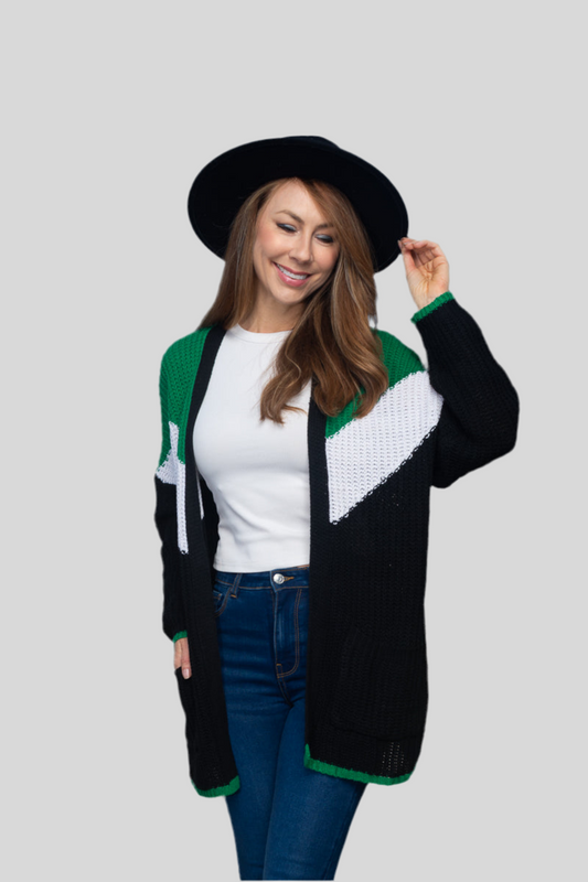 Oversized Rib Knit Tri-Color Open Cardigan