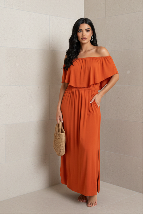 OFF SHOULDER RUFFLE FRONT MAXI DRESS