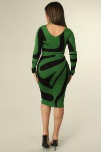 SOLID COLOR ZEBRA PATTERN LONG SLEEVE KNIT BODYCON MIDI DRESS.