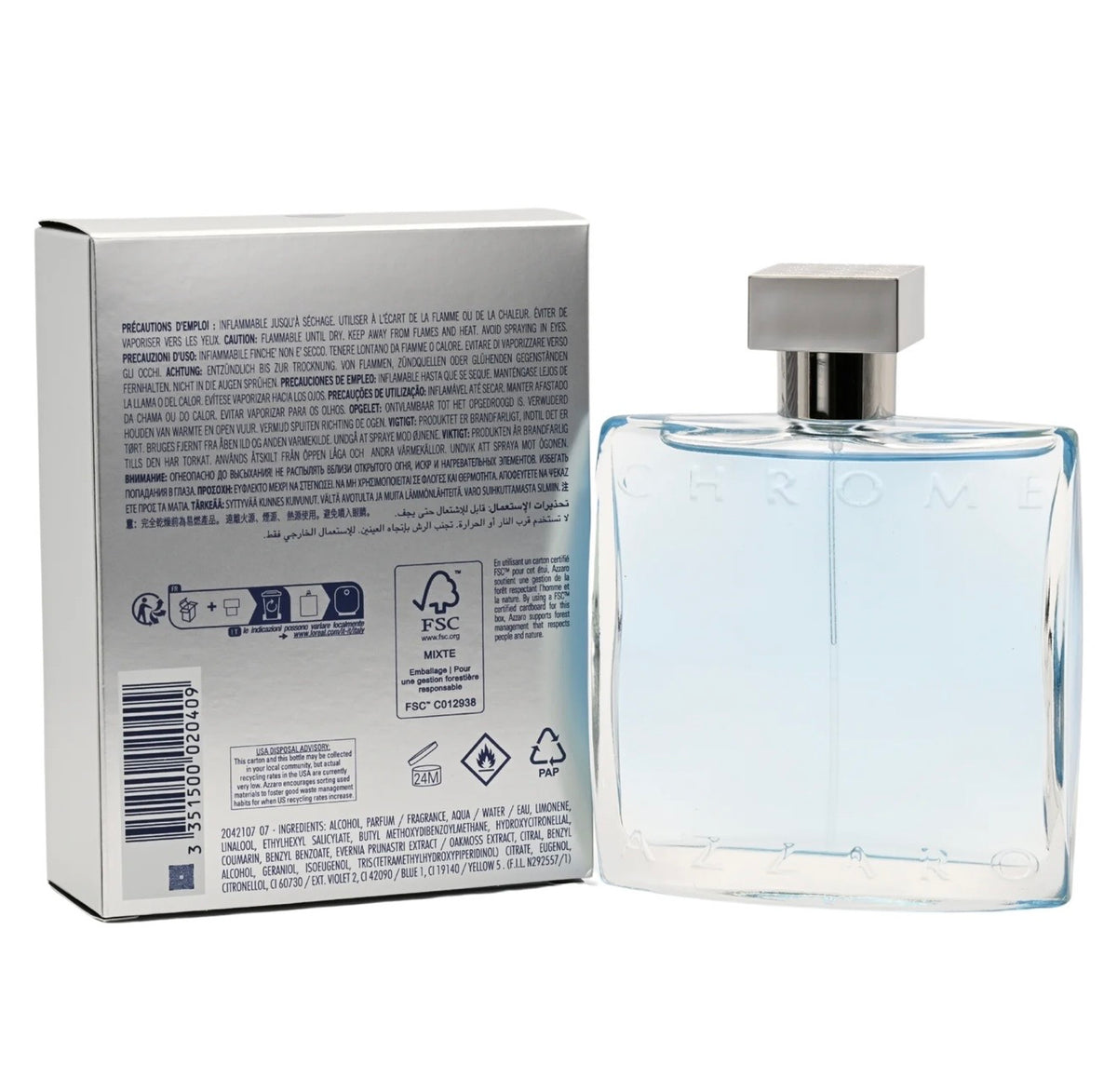 Azzaro Chrome Eau de Toilette - Fresh Aquatic Mens Cologne 3.4oz