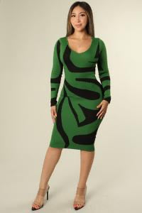 SOLID COLOR ZEBRA PATTERN LONG SLEEVE KNIT BODYCON MIDI DRESS.