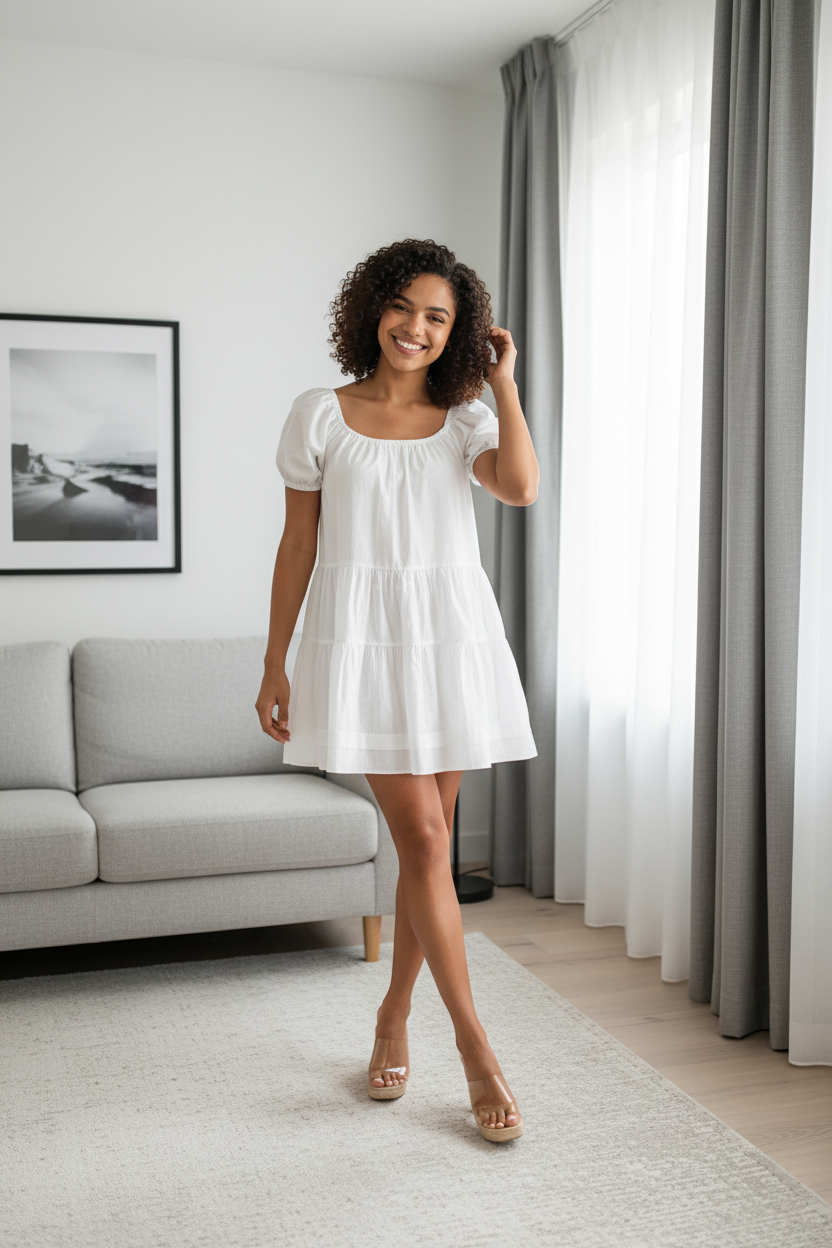 SHORT PUFF SLEEVES TIERED MINI DRESS