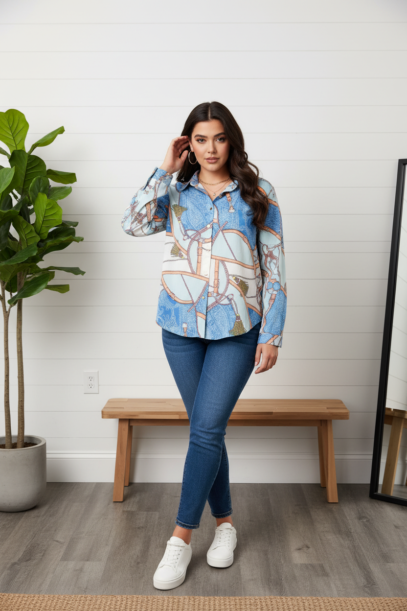 MULTI PRINT LONG SLEEVE BUTTON UP TOP