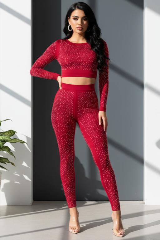 LONG SLEEVE CROP TOP & HIGH WAIST PANTS 2PC. STUDS SET