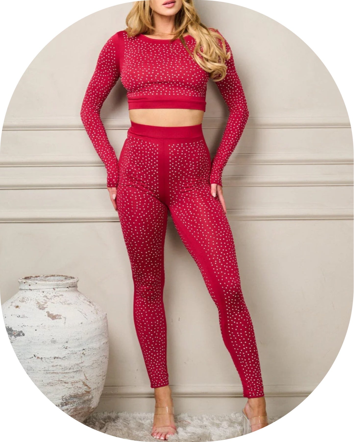 LONG SLEEVE CROP TOP & HIGH WAIST PANTS 2PC. STUDS SET