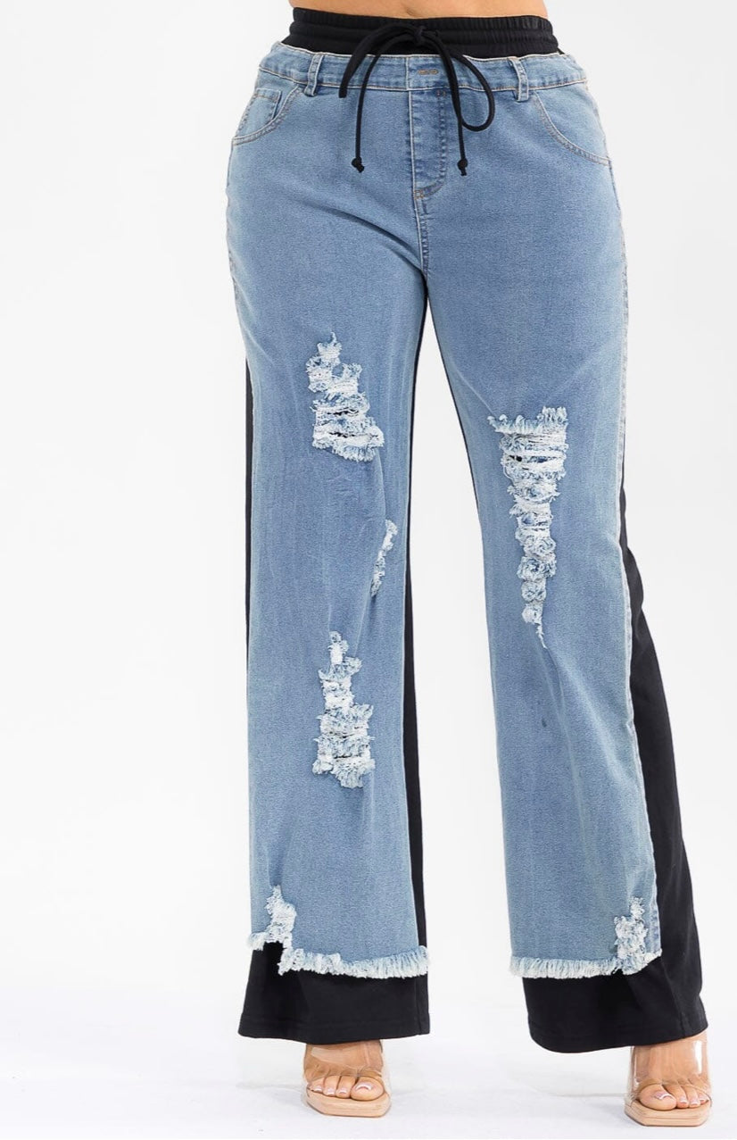 Ella Ripped ELASTIC WAIST DENIM  WIDE LEG PANTS