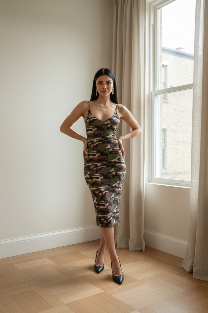 SLEEVELESS BODYCON V-NECK CAMO PRINT MIDI DRESS