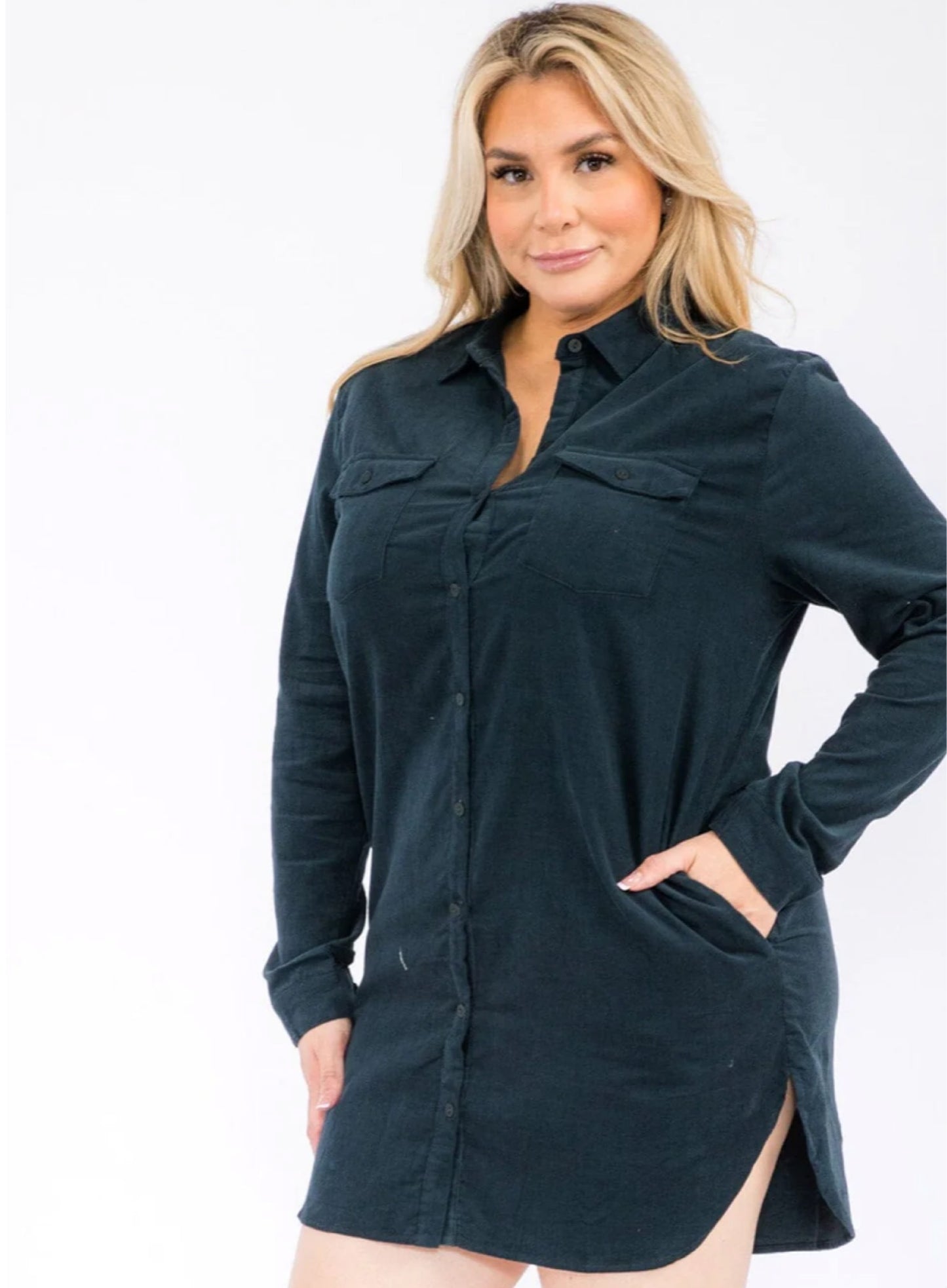 PLUS SIZE LONG SLEEVE BUTTON UP FRONT POCKETS MINI DRESS