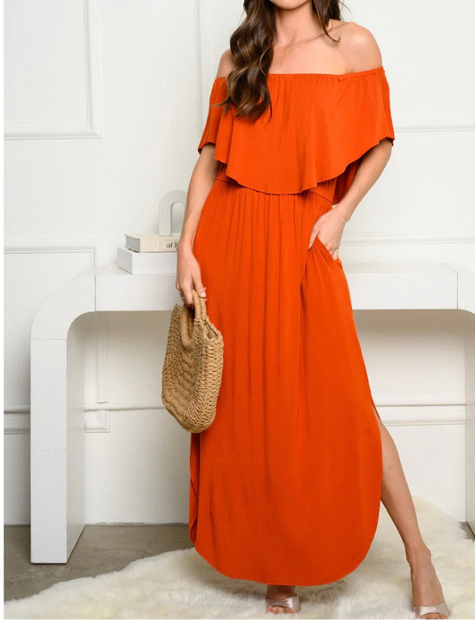 OFF SHOULDER RUFFLE FRONT MAXI DRESS
