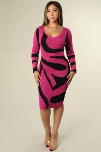 SOLID COLOR ZEBRA PATTERN LONG SLEEVE KNIT BODYCON MIDI DRESS.