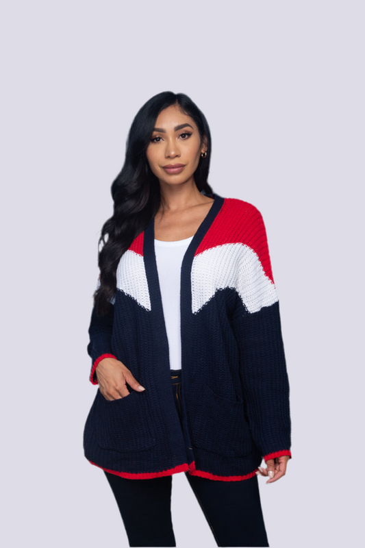 Oversized Rib Knit Tri-Color Open Cardigan