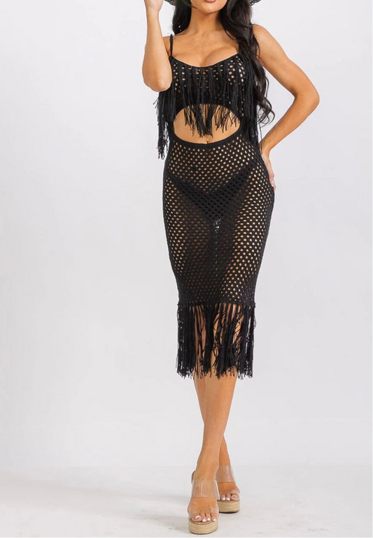 FRINGE BODYCON KNIT MIDI DRESS