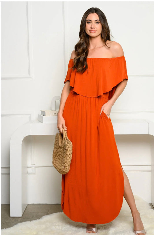 OFF SHOULDER RUFFLE FRONT MAXI DRESS