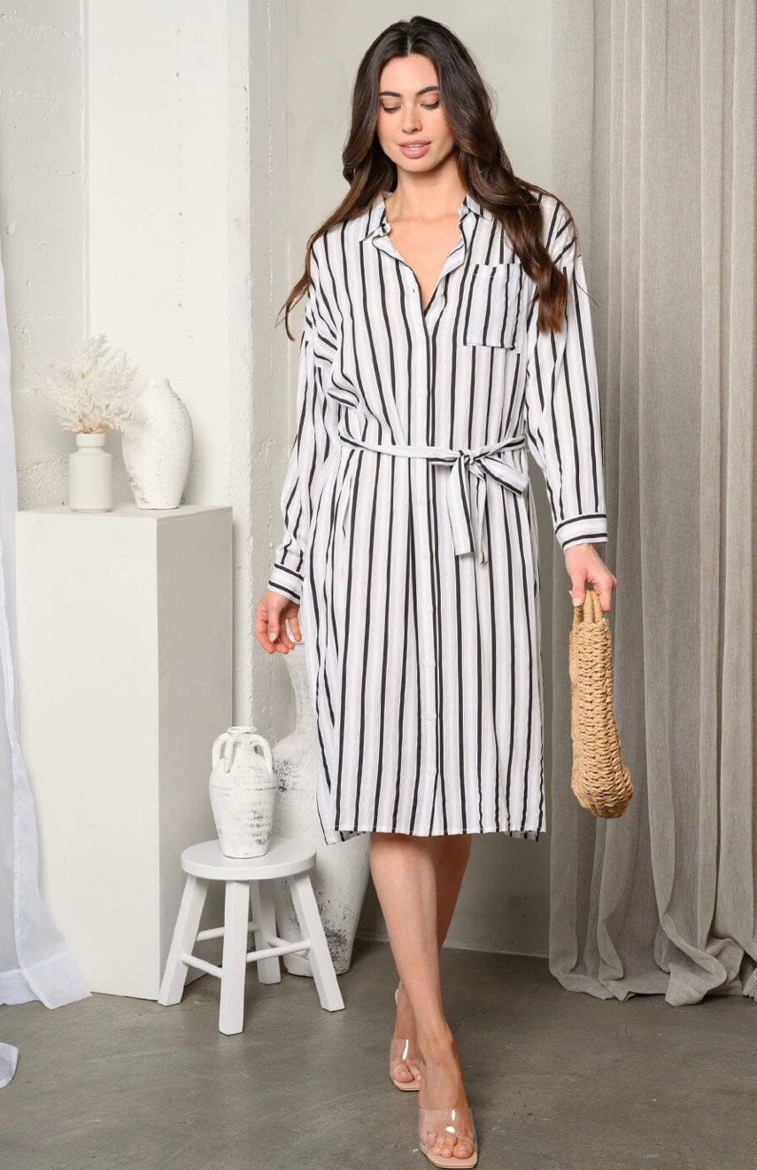 WOMEN'S LONG SLEEVE SIDE SLIT BUTTON UP STRIPES MIDI DRESS