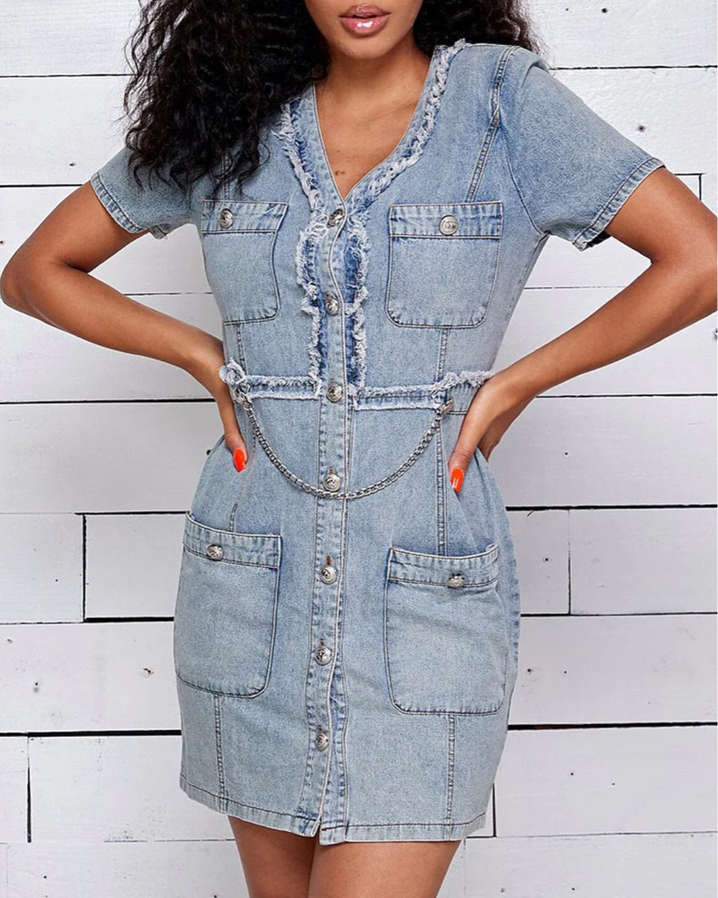 WOMEN'S SHORT SLEEVE DENIM BUTTON UP MINI DRESS