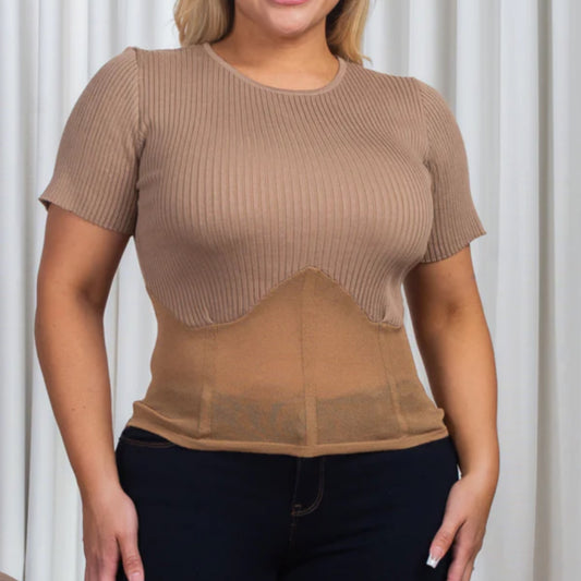 Plus Size Short Sleeve Crew Neck Bustier Style Rib Knit Top With Sheer Mesh Waist